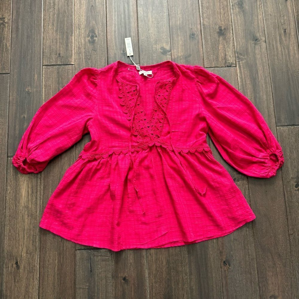 Max Studio Hot Pink  erise Boho Babydoll Peasant Blouse S NWT